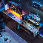 Bestier Bureau de Jeu en L de 60 Pouces avec Supports d'Écran et Plateau de Clavier, Longue Table pour 2 Personnes avec Étagères, Poste de Travail d'Angle RVB pour PC Gamer