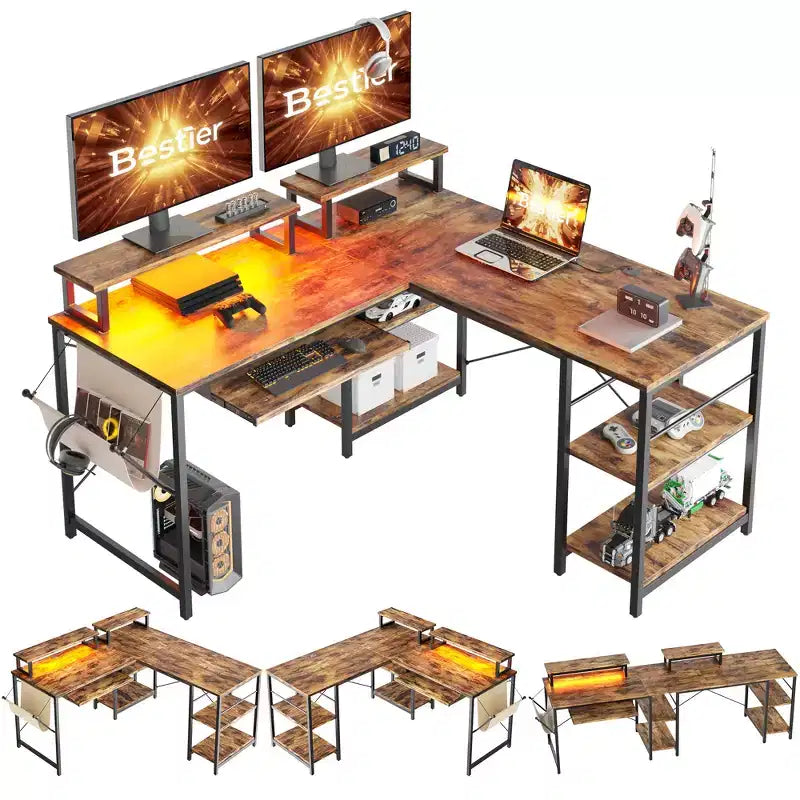Bestier Bureau de Jeu en L de 60 Pouces avec Supports d'Écran et Plateau de Clavier, Longue Table pour 2 Personnes avec Étagères, Poste de Travail d'Angle RVB pour PC Gamer