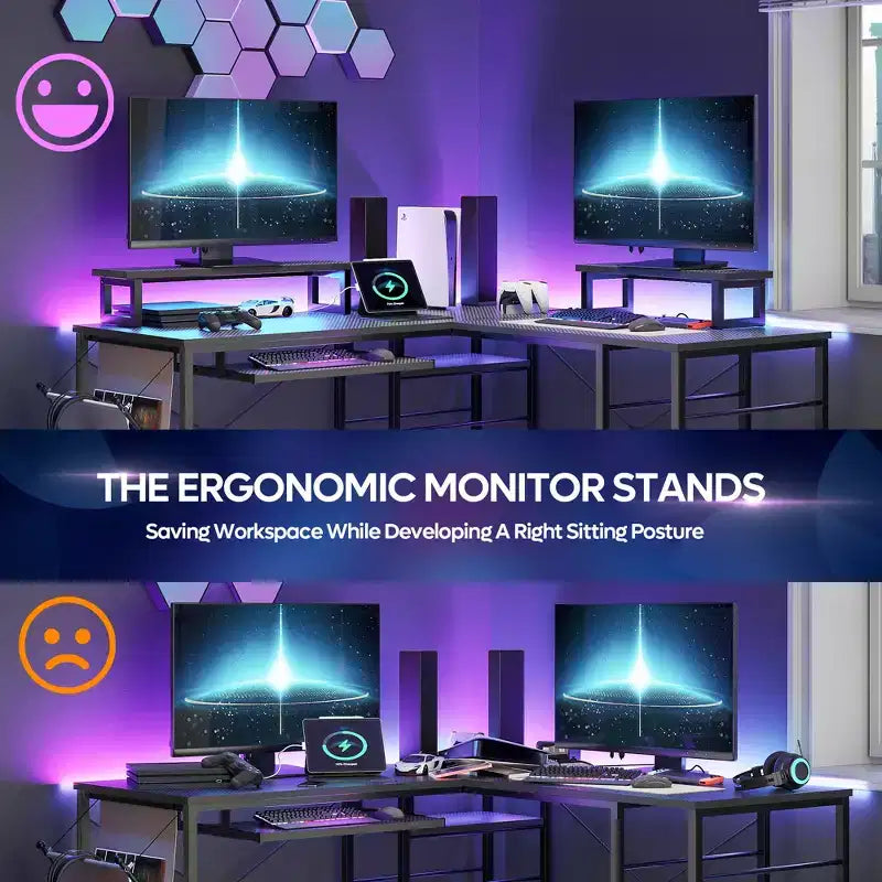 Bestier Bureau de Jeu en L de 60 Pouces avec Supports d'Écran et Plateau de Clavier, Longue Table pour 2 Personnes avec Étagères, Poste de Travail d'Angle RVB pour PC Gamer