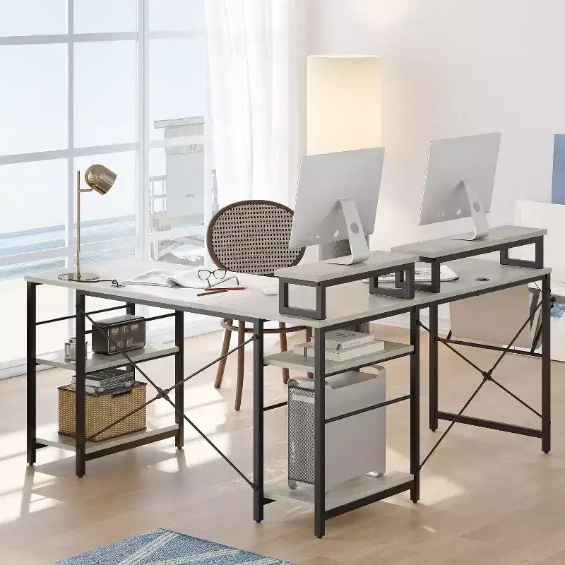 Bestier Bureau de Jeu en L de 60 Pouces avec Supports d'Écran et Plateau de Clavier, Longue Table pour 2 Personnes avec Étagères, Poste de Travail d'Angle RVB pour PC Gamer