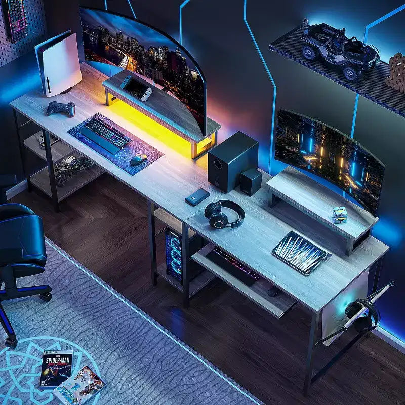 Bestier Bureau de Jeu en L de 60 Pouces avec Supports d'Écran et Plateau de Clavier, Longue Table pour 2 Personnes avec Étagères, Poste de Travail d'Angle RVB pour PC Gamer