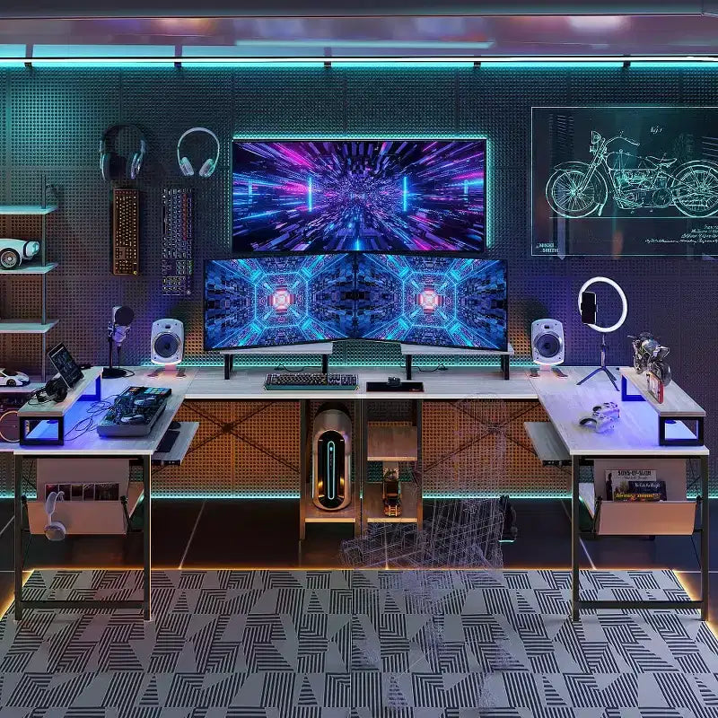 Bestier Bureau de Jeu en L de 60 Pouces avec Supports d'Écran et Plateau de Clavier, Longue Table pour 2 Personnes avec Étagères, Poste de Travail d'Angle RVB pour PC Gamer