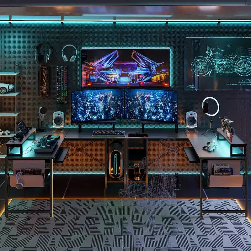 Bestier Bureau de Jeu en L de 60 Pouces avec Supports d'Écran et Plateau de Clavier, Longue Table pour 2 Personnes avec Étagères, Poste de Travail d'Angle RVB pour PC Gamer
