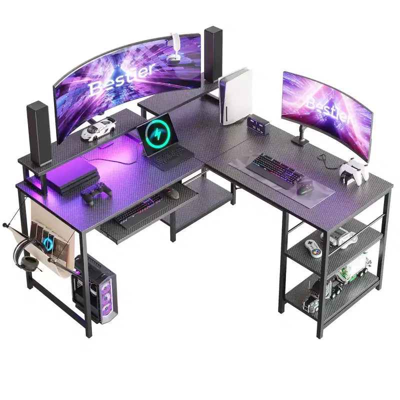 Bestier Bureau de Jeu en L de 60 Pouces avec Supports d'Écran et Plateau de Clavier, Longue Table pour 2 Personnes avec Étagères, Poste de Travail d'Angle RVB pour PC Gamer