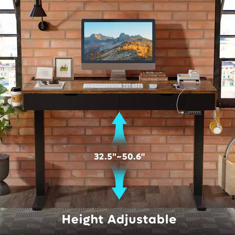 Bureau électrique debout Bestier de 47 x 24 pouces avec deux tiroirs et lumière LED pour bureau à domicile, bureau réglable en hauteur, bureau d'ordinateur