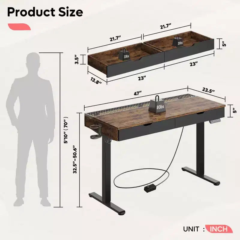 Bureau électrique debout Bestier de 47 x 24 pouces avec deux tiroirs et lumière LED pour bureau à domicile, bureau réglable en hauteur, bureau d'ordinateur