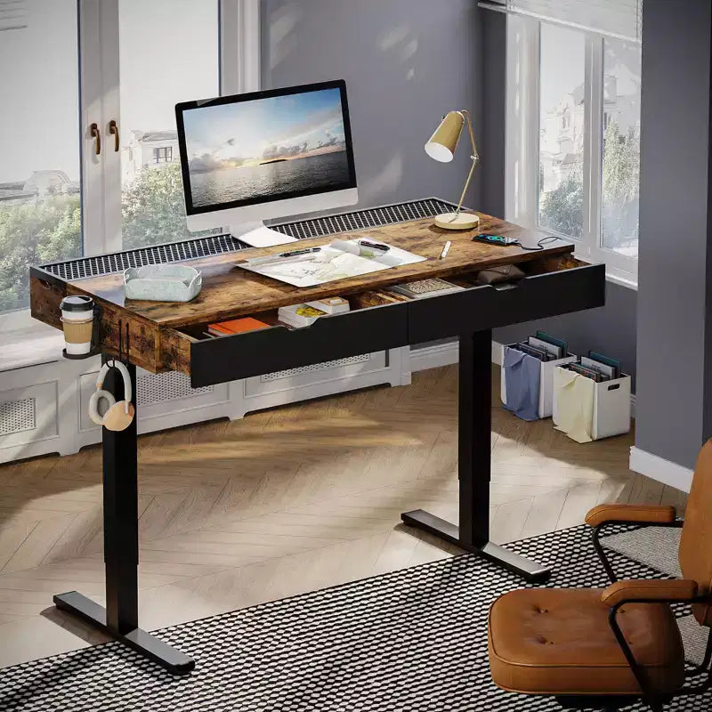 Bureau électrique debout Bestier de 47 x 24 pouces avec deux tiroirs et lumière LED pour bureau à domicile, bureau réglable en hauteur, bureau d'ordinateur