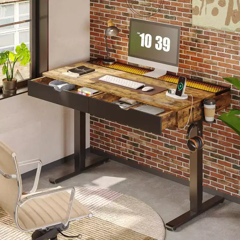 Bureau électrique debout Bestier de 47 x 24 pouces avec deux tiroirs et lumière LED pour bureau à domicile, bureau réglable en hauteur, bureau d'ordinateur