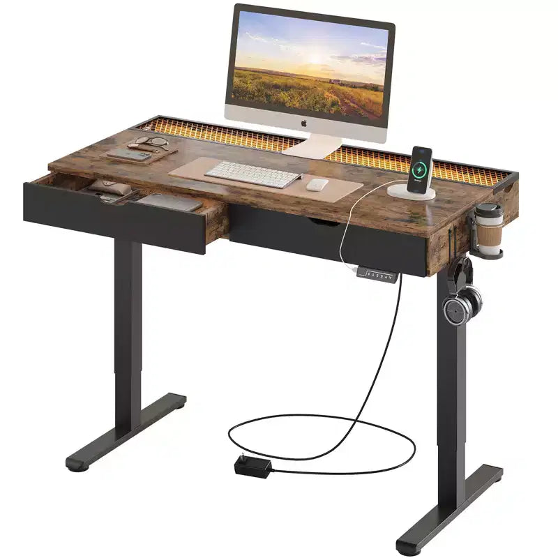 Bureau électrique debout Bestier de 47 x 24 pouces avec deux tiroirs et lumière LED pour bureau à domicile, bureau réglable en hauteur, bureau d'ordinateur