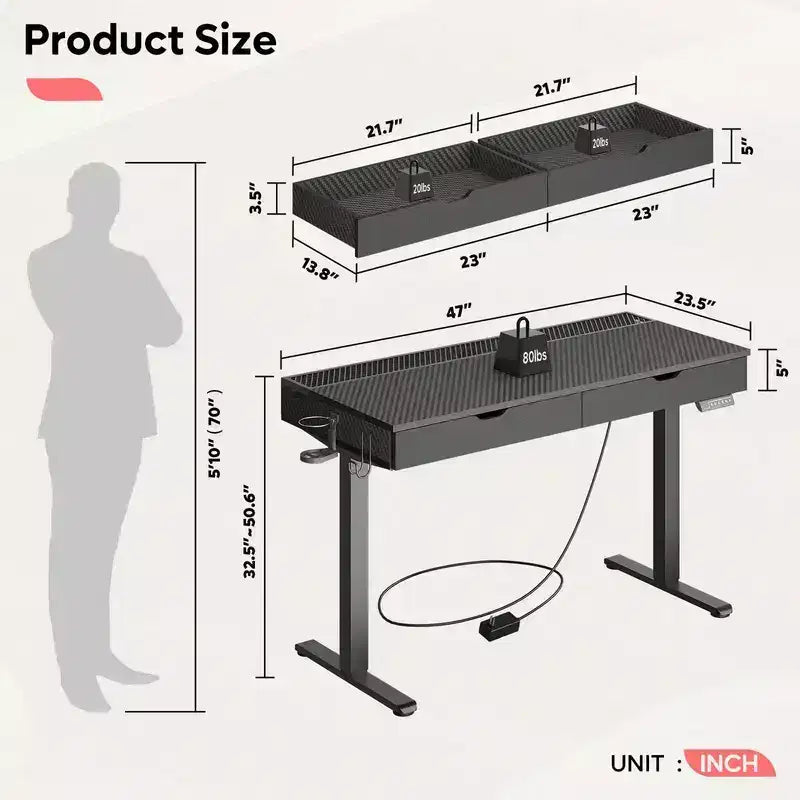 Bureau électrique debout Bestier de 47 x 24 pouces avec deux tiroirs et lumière LED pour bureau à domicile, bureau réglable en hauteur, bureau d'ordinateur