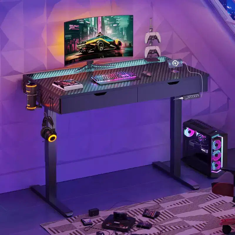 Bureau électrique debout Bestier de 47 x 24 pouces avec deux tiroirs et lumière LED pour bureau à domicile, bureau réglable en hauteur, bureau d'ordinateur
