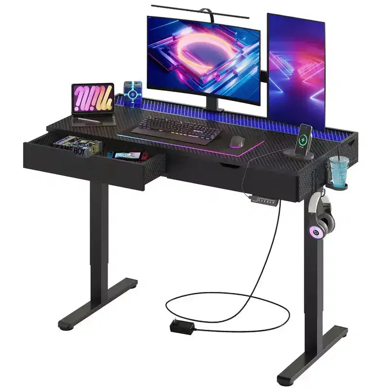Bureau électrique debout Bestier de 47 x 24 pouces avec deux tiroirs et lumière LED pour bureau à domicile, bureau réglable en hauteur, bureau d'ordinateur