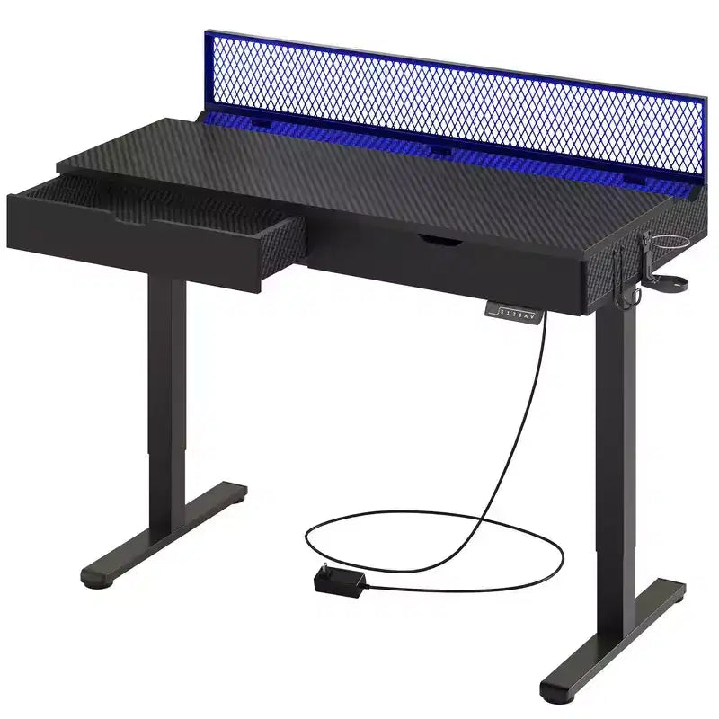 Bureau électrique debout Bestier de 47 x 24 pouces avec deux tiroirs et lumière LED pour bureau à domicile, bureau réglable en hauteur, bureau d'ordinateur