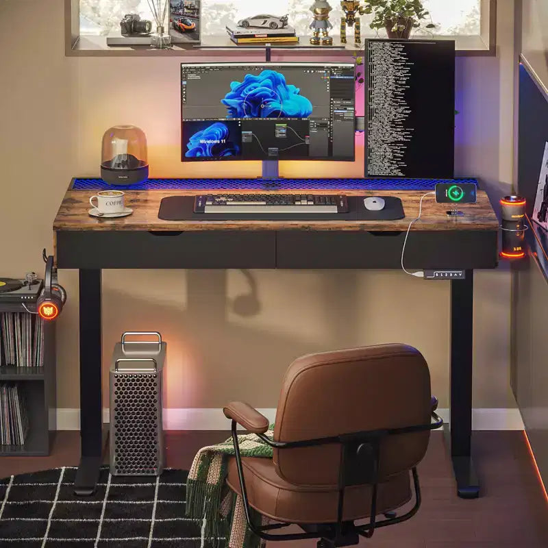 Bureau électrique debout Bestier de 47 x 24 pouces avec deux tiroirs et lumière LED pour bureau à domicile, bureau réglable en hauteur, bureau d'ordinateur
