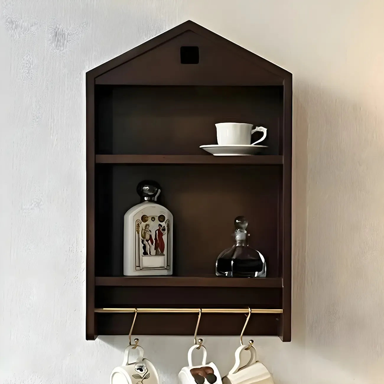 Vitrine flottante en bois à 2 étagères en forme de maison classique