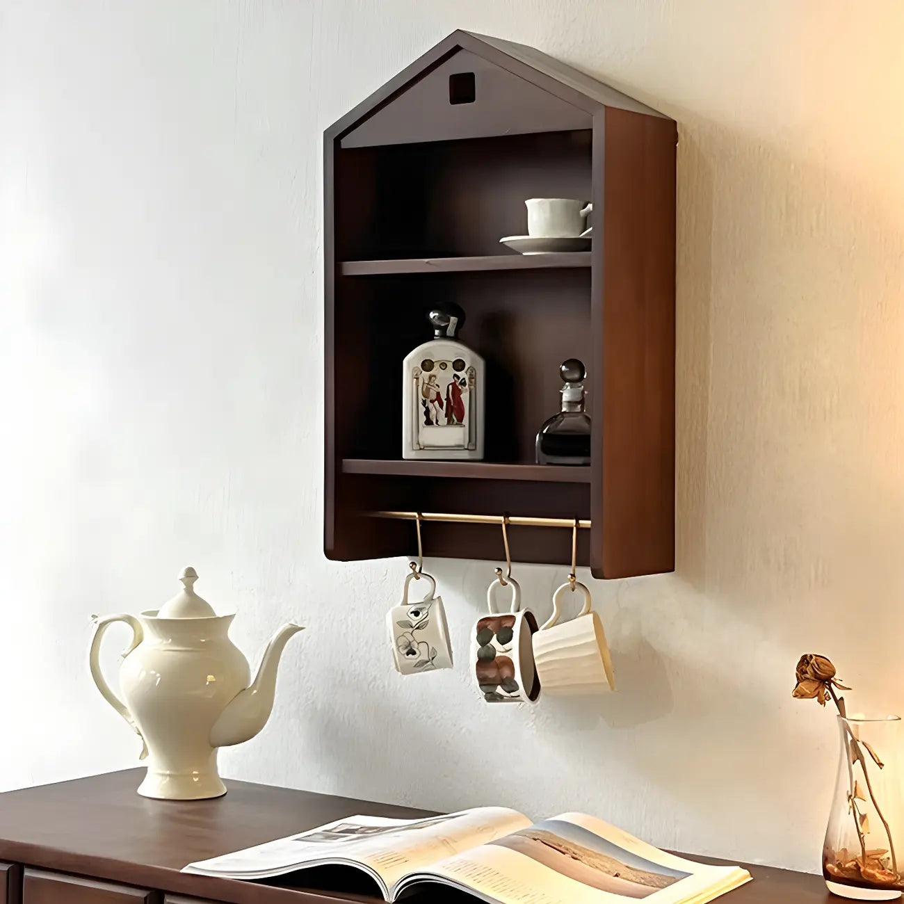 Vitrine flottante en bois à 2 étagères en forme de maison classique
