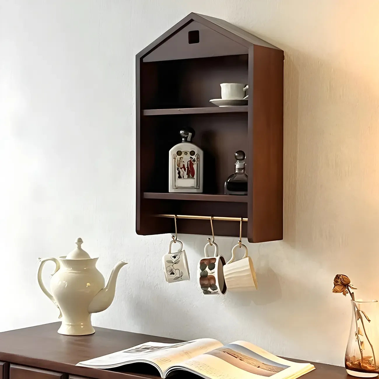 Vitrine flottante en bois à 2 étagères en forme de maison classique