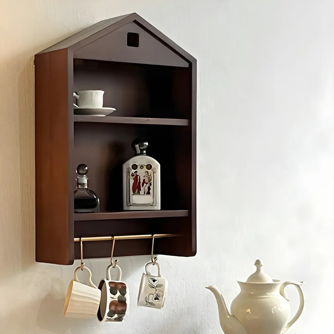 Vitrine flottante en bois à 2 étagères en forme de maison classique