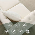 Canapé en velours beige pour salon, canapé 3 places capitonné avec accoudoirs arrondis et clous décoratifs, deux oreillers