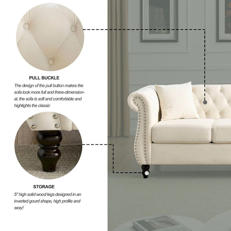 Canapé en velours beige pour salon, canapé 3 places capitonné avec accoudoirs arrondis et clous décoratifs, deux oreillers