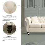 Canapé en velours beige pour salon, canapé 3 places capitonné avec accoudoirs arrondis et clous décoratifs, deux oreillers