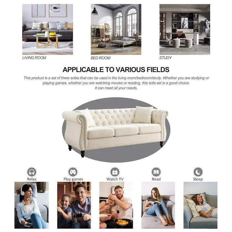 Canapé en velours beige pour salon, canapé 3 places capitonné avec accoudoirs arrondis et clous décoratifs, deux oreillers