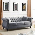 Canapé en velours beige pour salon, canapé 3 places capitonné avec accoudoirs arrondis et clous décoratifs, deux oreillers