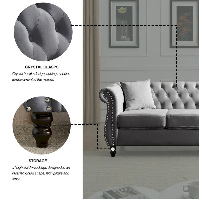 Canapé en velours beige pour salon, canapé 3 places capitonné avec accoudoirs arrondis et clous décoratifs, deux oreillers