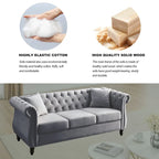 Canapé en velours beige pour salon, canapé 3 places capitonné avec accoudoirs arrondis et clous décoratifs, deux oreillers