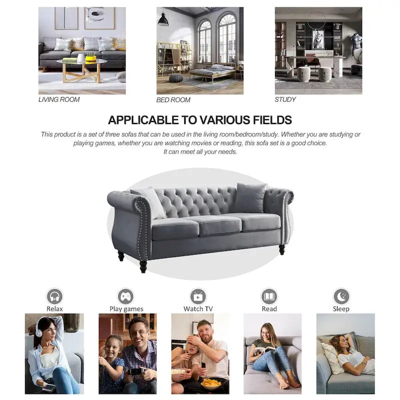 Canapé en velours beige pour salon, canapé 3 places capitonné avec accoudoirs arrondis et clous décoratifs, deux oreillers