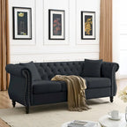 Canapé en velours beige pour salon, canapé 3 places capitonné avec accoudoirs arrondis et clous décoratifs, deux oreillers