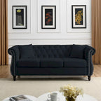 Canapé en velours beige pour salon, canapé 3 places capitonné avec accoudoirs arrondis et clous décoratifs, deux oreillers