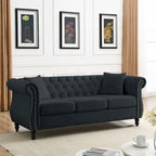Canapé en velours beige pour salon, canapé 3 places capitonné avec accoudoirs arrondis et clous décoratifs, deux oreillers