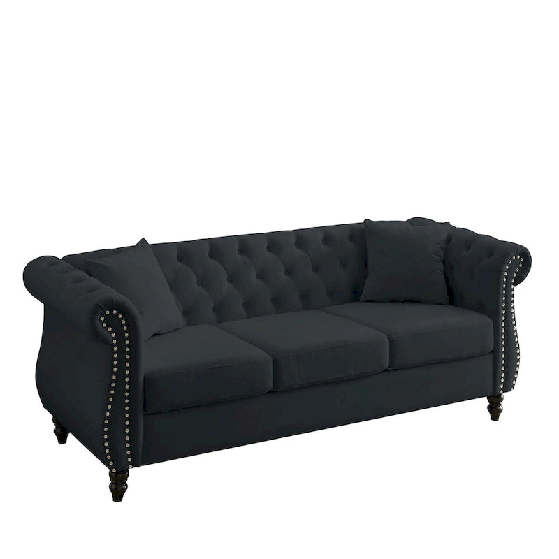 Canapé en velours beige pour salon, canapé 3 places capitonné avec accoudoirs arrondis et clous décoratifs, deux oreillers