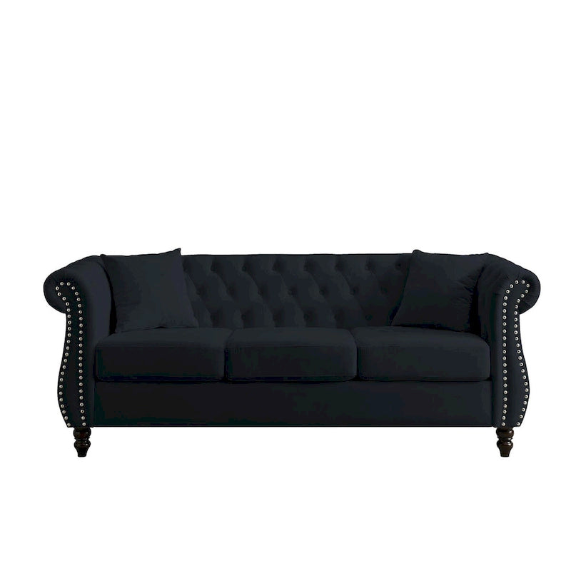 Canapé en velours beige pour salon, canapé 3 places capitonné avec accoudoirs arrondis et clous décoratifs, deux oreillers