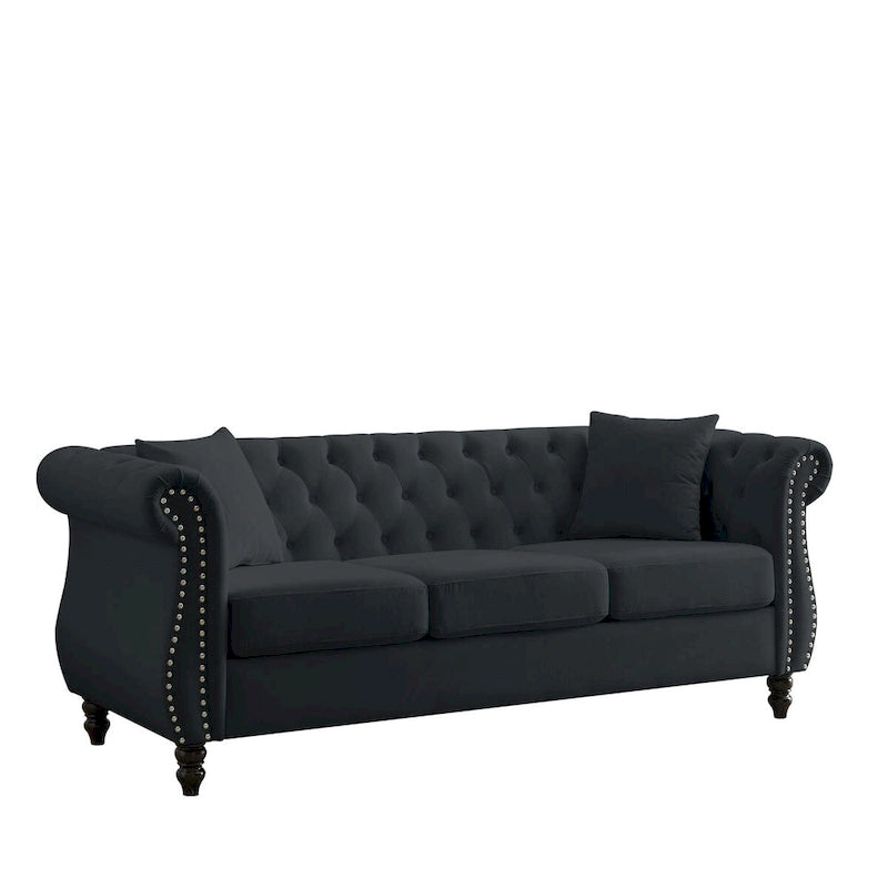 Canapé en velours beige pour salon, canapé 3 places capitonné avec accoudoirs arrondis et clous décoratifs, deux oreillers