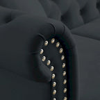 Canapé en velours beige pour salon, canapé 3 places capitonné avec accoudoirs arrondis et clous décoratifs, deux oreillers