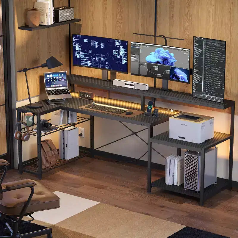 Bestier 71,5 LED Bureau Gaming avec Prise de Courant, Bureau d'Angle en Forme de L avec Support Moniteur