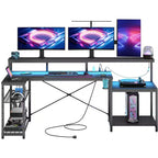 Bestier 71,5 LED Bureau Gaming avec Prise de Courant, Bureau d'Angle en Forme de L avec Support Moniteur