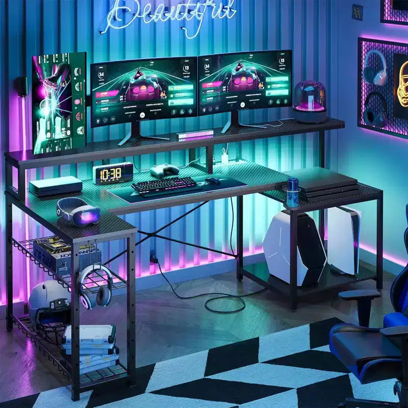 Bestier 71,5 LED Bureau Gaming avec Prise de Courant, Bureau d'Angle en Forme de L avec Support Moniteur