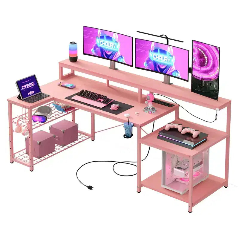 Bestier 71,5 LED Bureau Gaming avec Prise de Courant, Bureau d'Angle en Forme de L avec Support Moniteur
