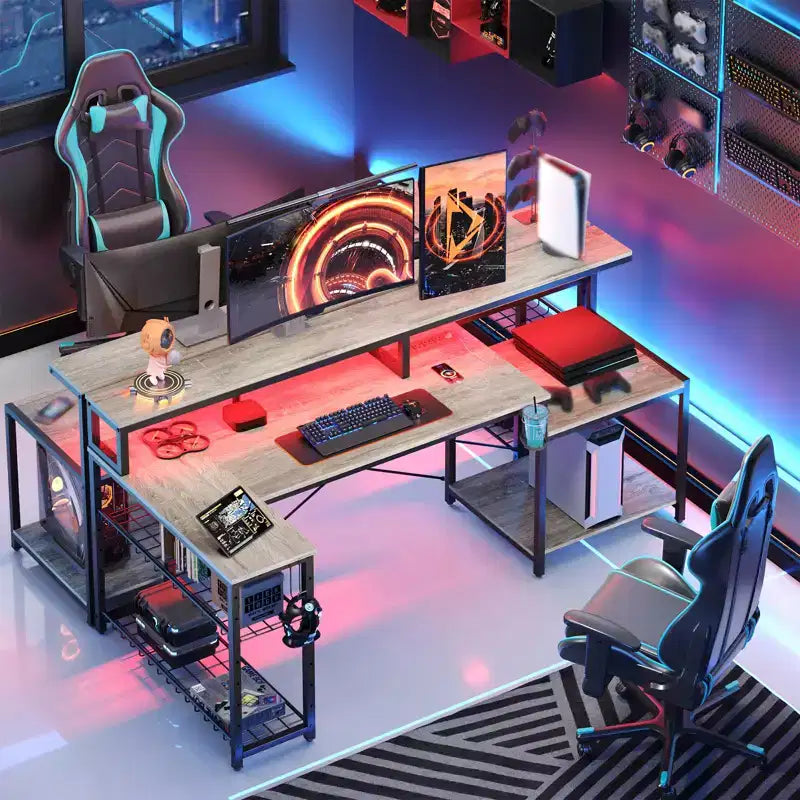 Bestier 71,5 LED Bureau Gaming avec Prise de Courant, Bureau d'Angle en Forme de L avec Support Moniteur