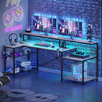 Bestier 71,5 LED Bureau Gaming avec Prise de Courant, Bureau d'Angle en Forme de L avec Support Moniteur
