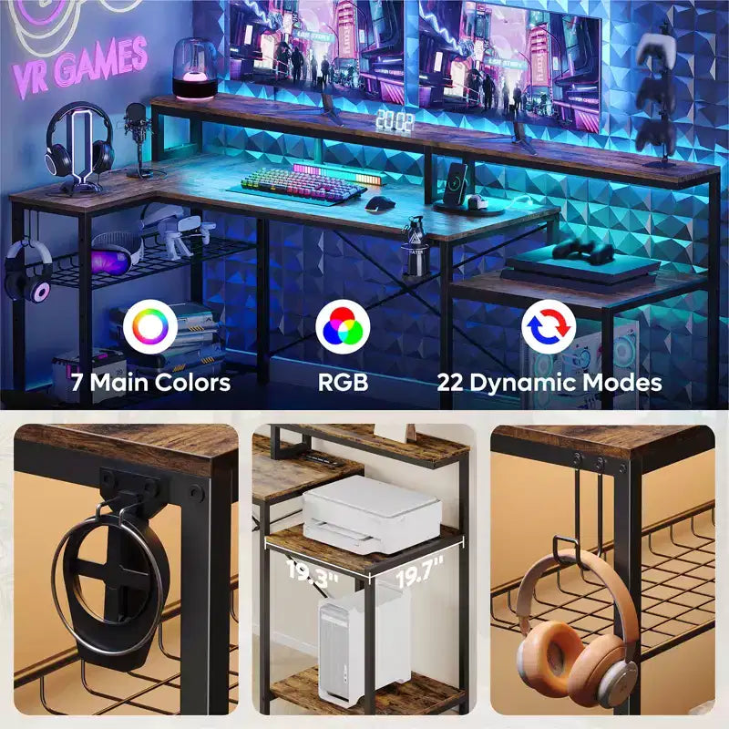 Bestier 71,5 LED Bureau Gaming avec Prise de Courant, Bureau d'Angle en Forme de L avec Support Moniteur