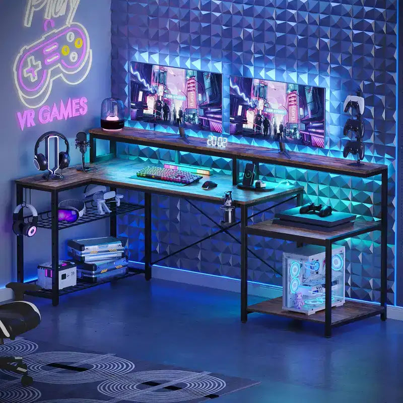 Bestier 71,5 LED Bureau Gaming avec Prise de Courant, Bureau d'Angle en Forme de L avec Support Moniteur
