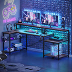 Bestier 71,5 LED Bureau Gaming avec Prise de Courant, Bureau d'Angle en Forme de L avec Support Moniteur
