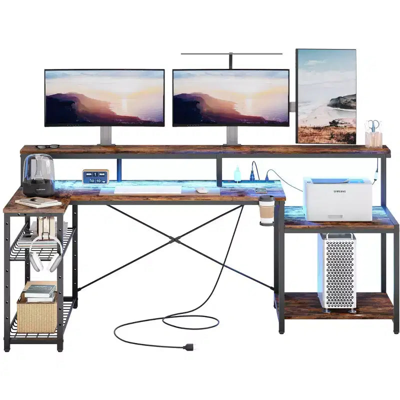 Bestier 71,5 LED Bureau Gaming avec Prise de Courant, Bureau d'Angle en Forme de L avec Support Moniteur