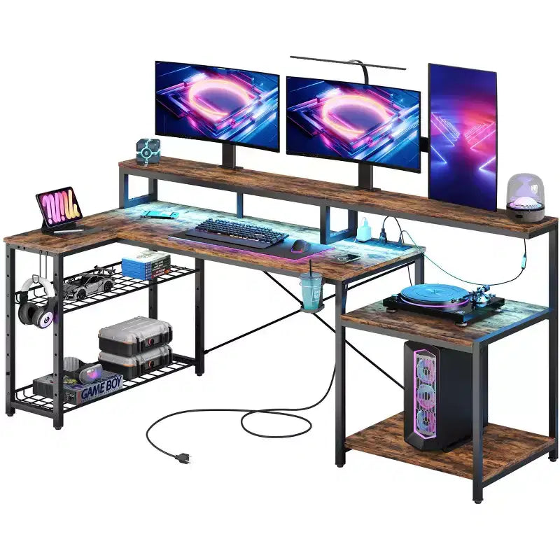 Bestier 71,5 LED Bureau Gaming avec Prise de Courant, Bureau d'Angle en Forme de L avec Support Moniteur