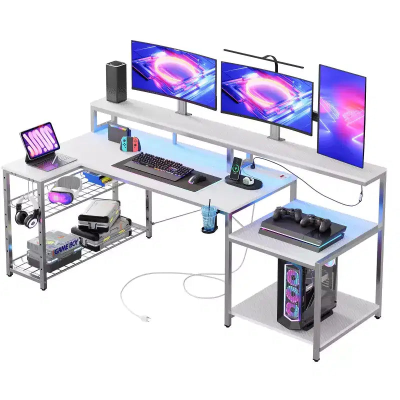 Bestier 71,5 LED Bureau Gaming avec Prise de Courant, Bureau d'Angle en Forme de L avec Support Moniteur