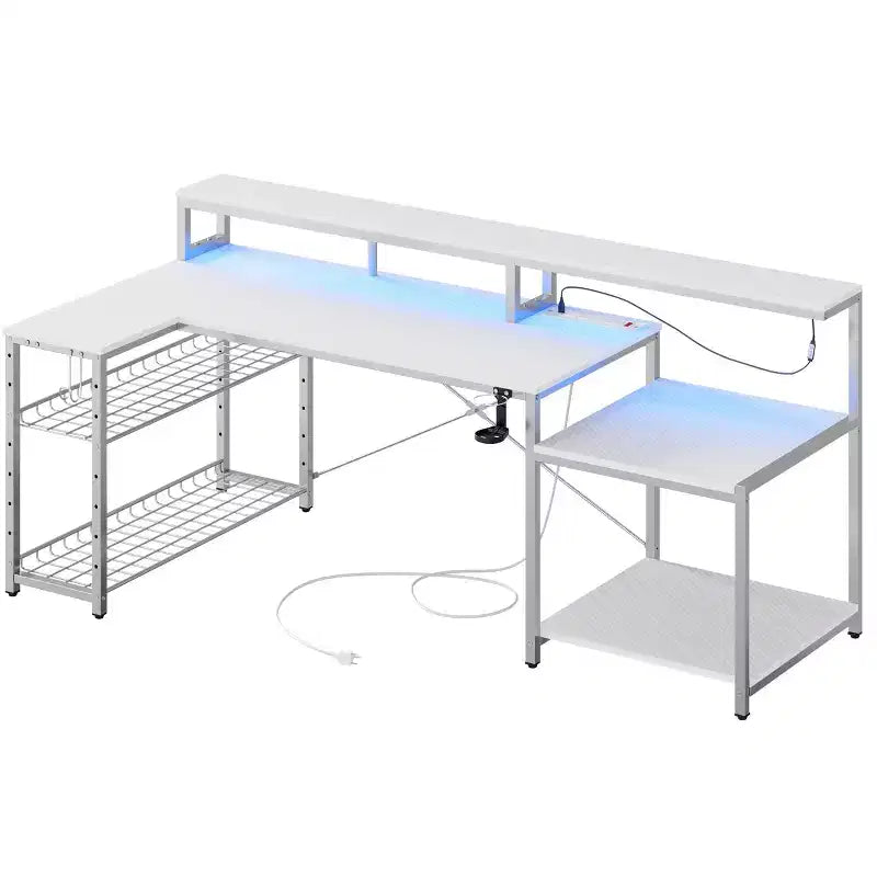 Bestier 71,5 LED Bureau Gaming avec Prise de Courant, Bureau d'Angle en Forme de L avec Support Moniteur